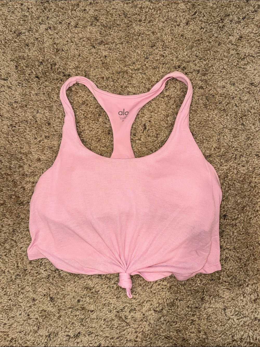 ALO Yoga Light Pink Ribbed Racerback Tie-Front Tank built in bra